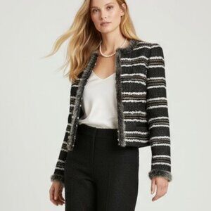 NWT Stella & Jamie Fur Trim Tweed Blazer Sz L Black White Striped Career Office